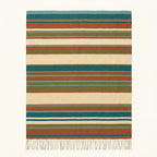 Teal Zanafi Kilim rug Nkob with open multicolor stripes, full rug view