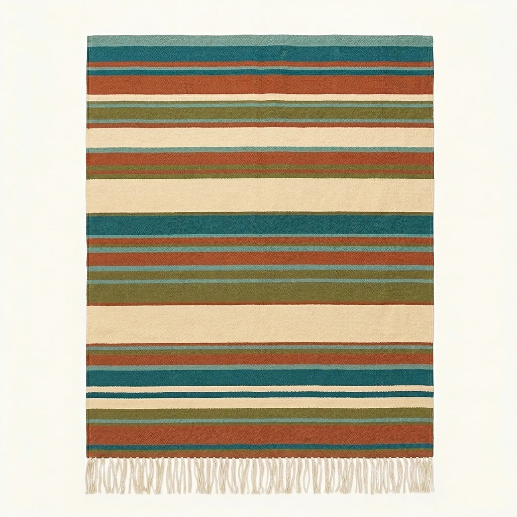 Teal Zanafi Kilim rug Nkob with open multicolor stripes, full rug view