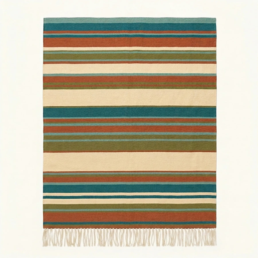 Teal Zanafi Kilim rug Nkob with open multicolor stripes, full rug view