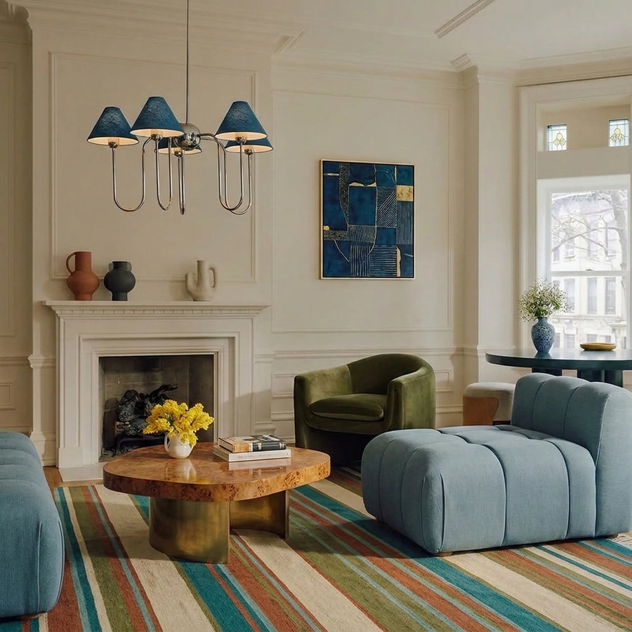 Teal Zanafi Kilim rug Nkob with open stripes, lifestyle living room view
