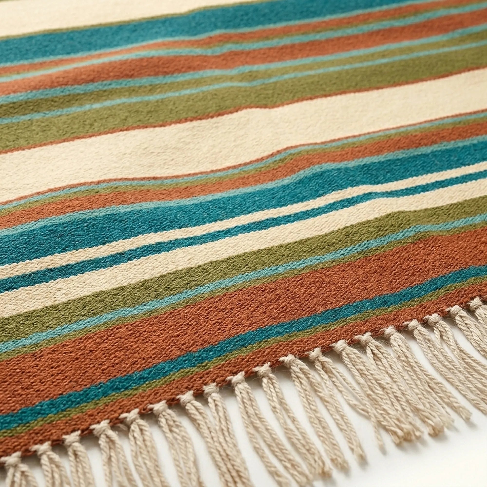 Teal Zanafi Kilim rug Nkob, stripe and fringe detail