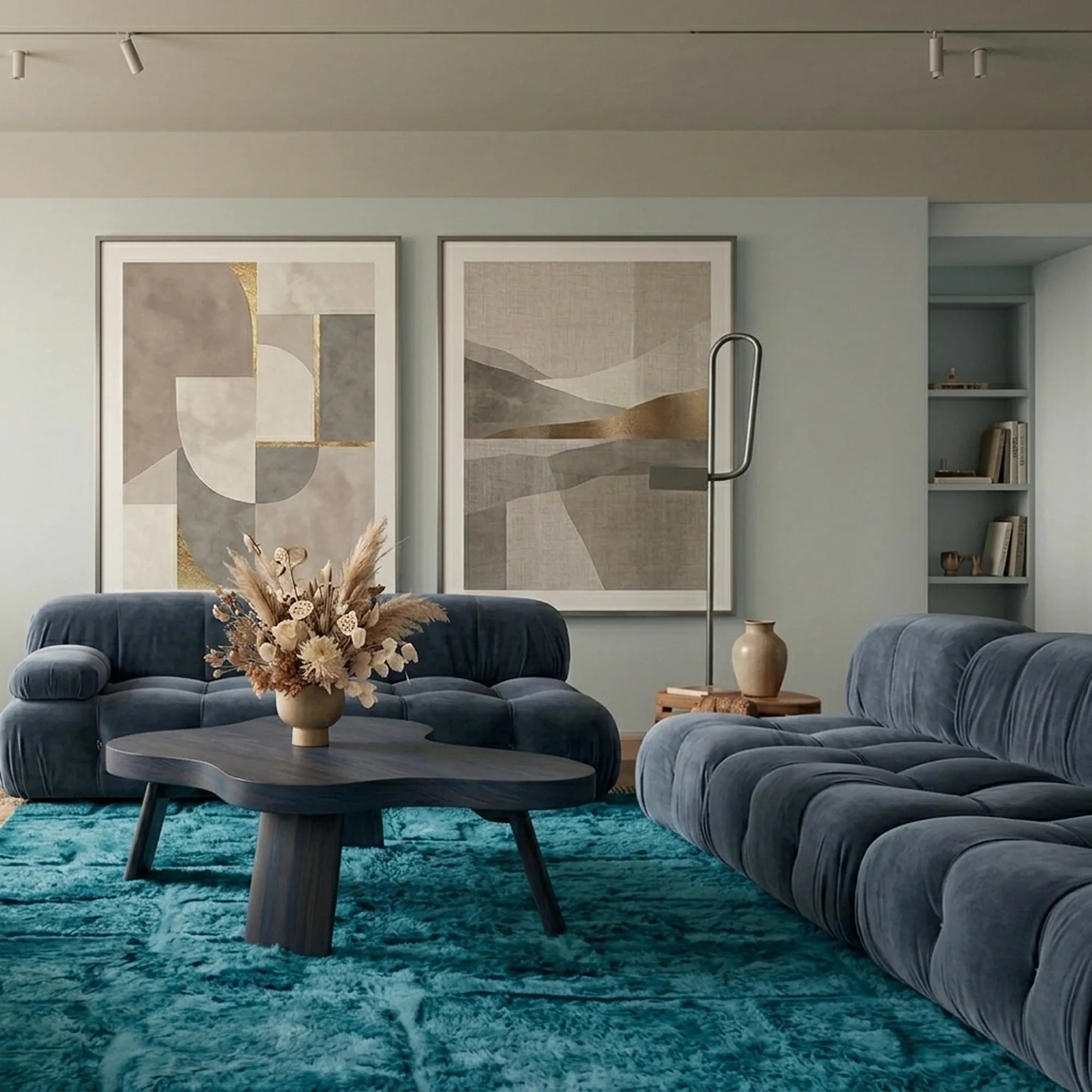 Ocean blue Mrirt rug Amussu styled in a living room