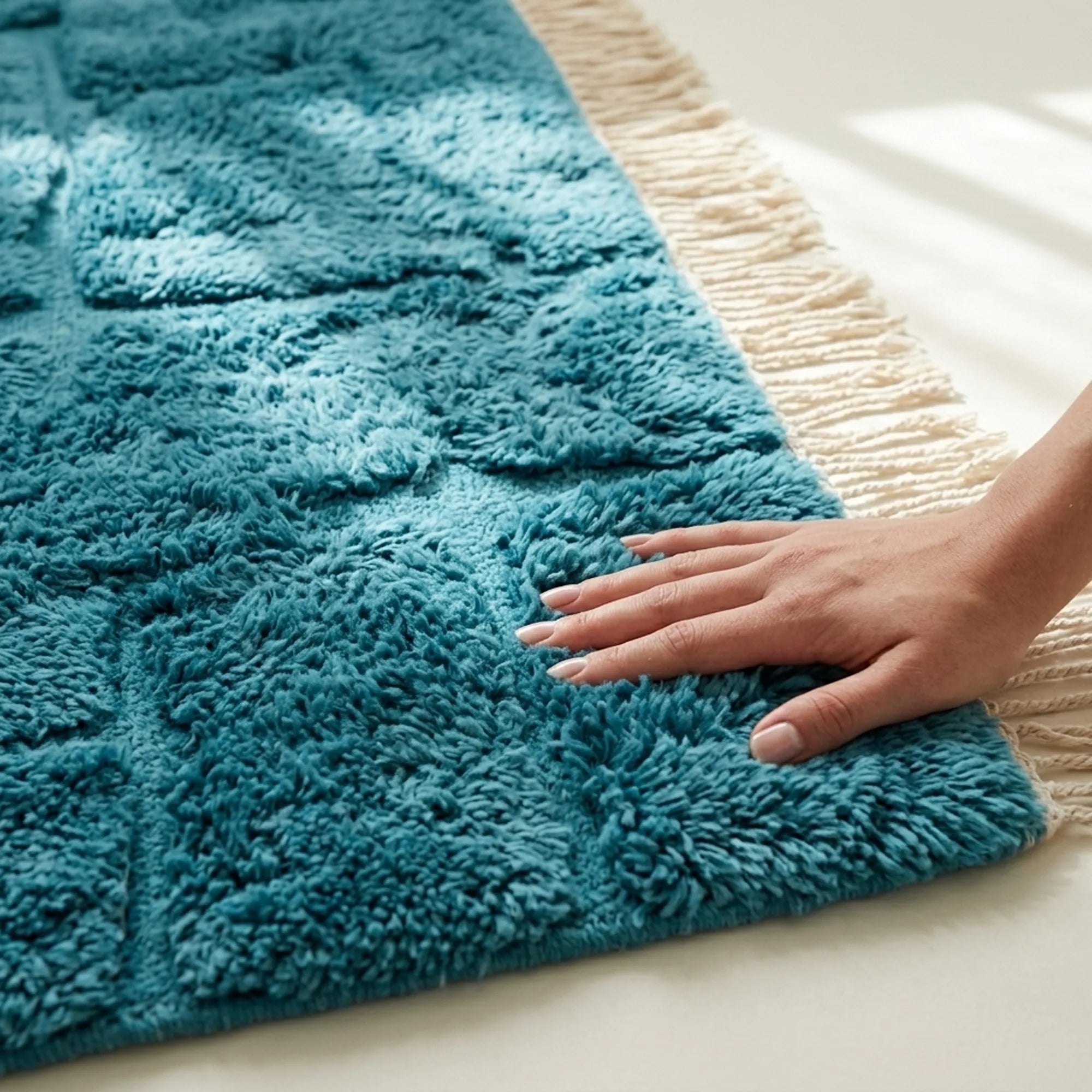 Ocean blue Mrirt rug Amussu hand and wool detail