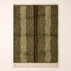 Olive and fawn Mrirt rug with scattered dot stripe pattern, full flat view