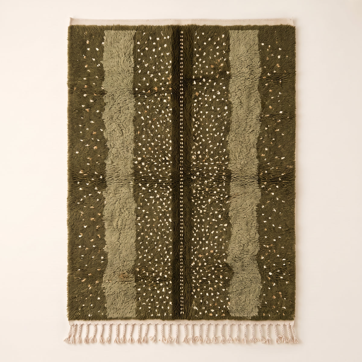 Olive and fawn Mrirt rug with scattered dot stripe pattern, full flat view