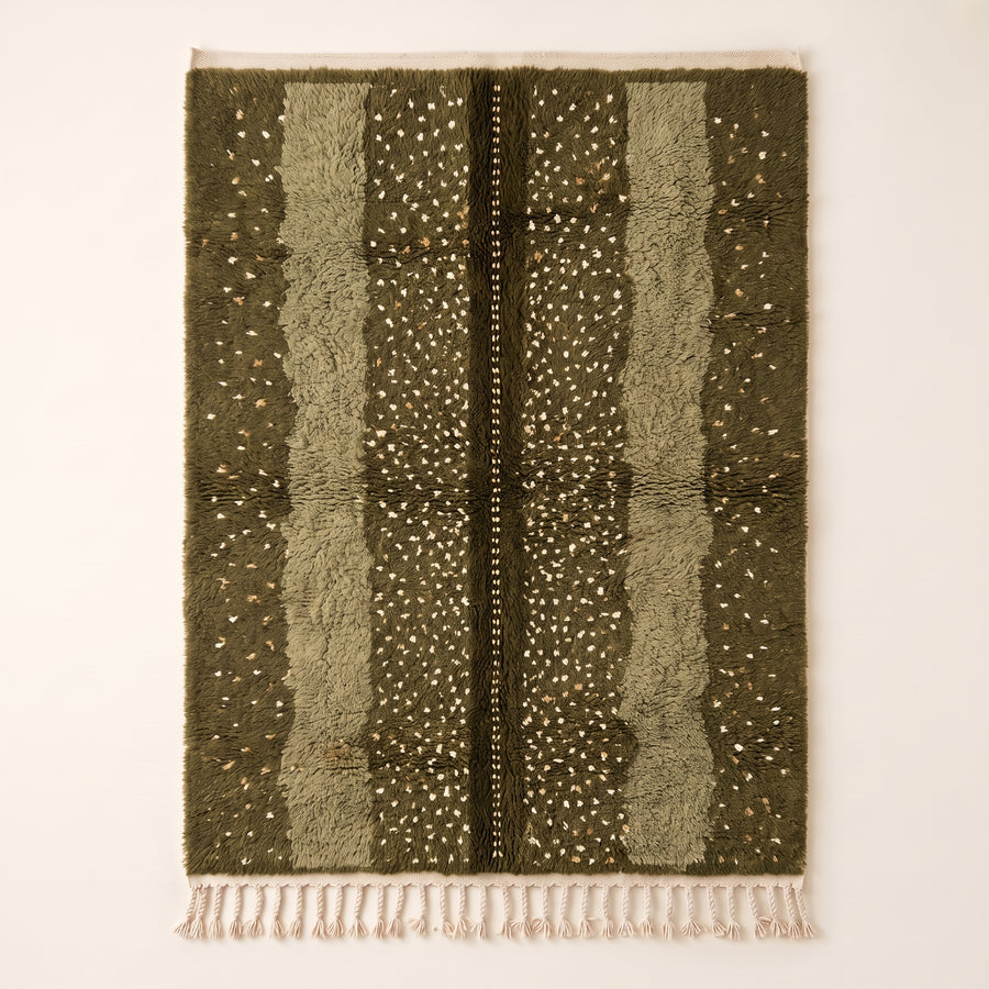 Olive and fawn Mrirt rug with scattered dot stripe pattern, full flat view