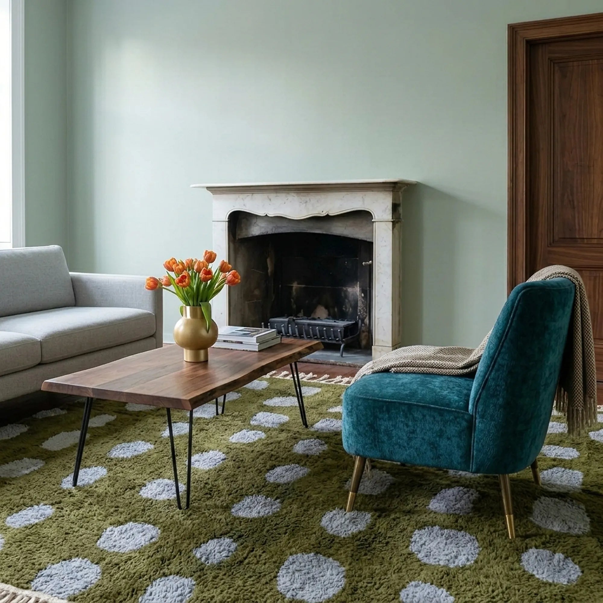 Azil olive green and slate blue Beni Ourain rug styled in a refined interior.