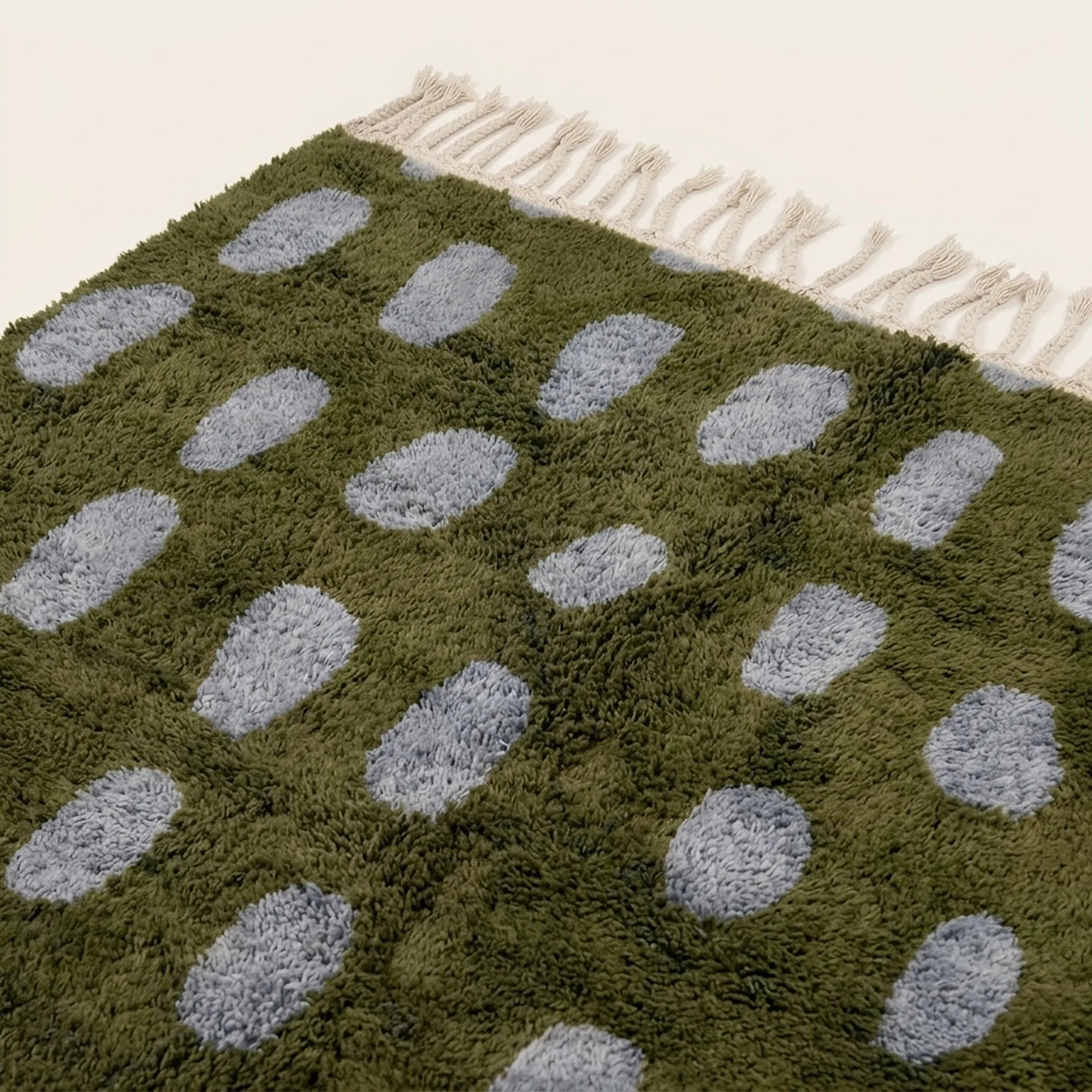 Additional full view of the Azil olive green and slate blue Beni Ourain rug.