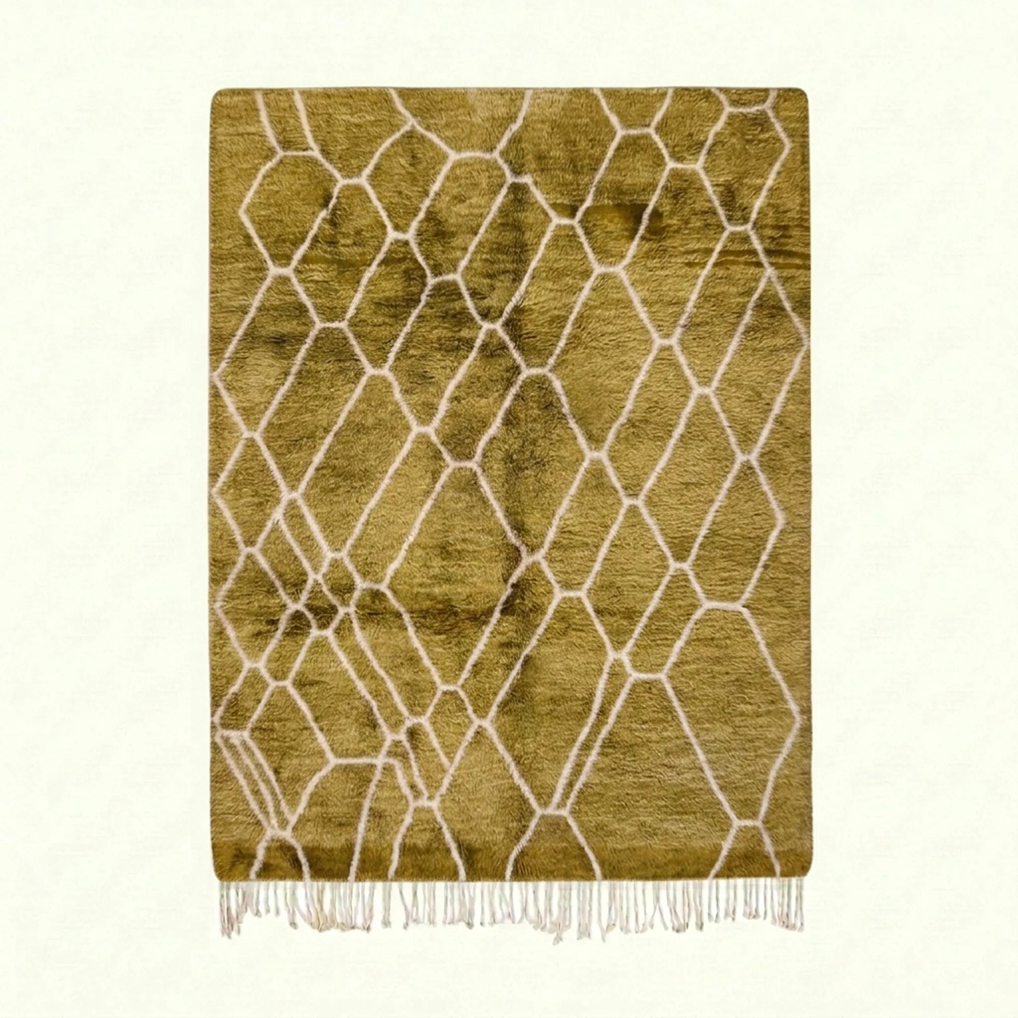Olive and ivory Mrirt rug Tifrat with organic lattice pattern, full rug view