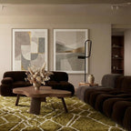 Olive and ivory Mrirt rug Tifrat styled in a living room