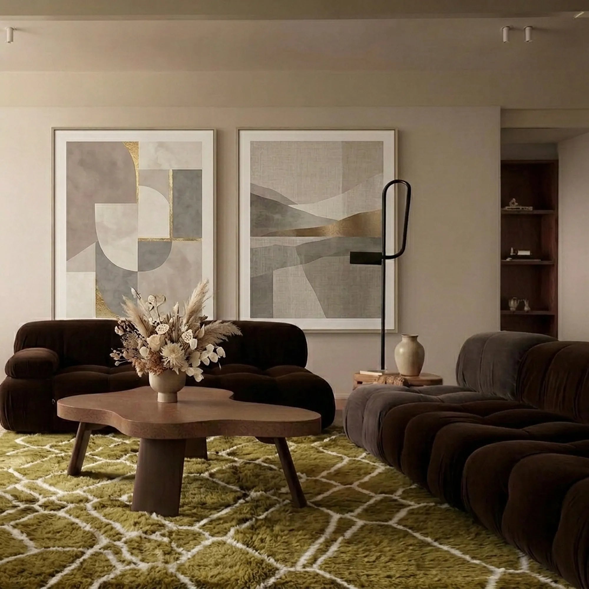 Olive and ivory Mrirt rug Tifrat styled in a living room
