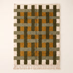 Olive, mustard and ivory Mrirt rug with grid weave lattice pattern, full flat view