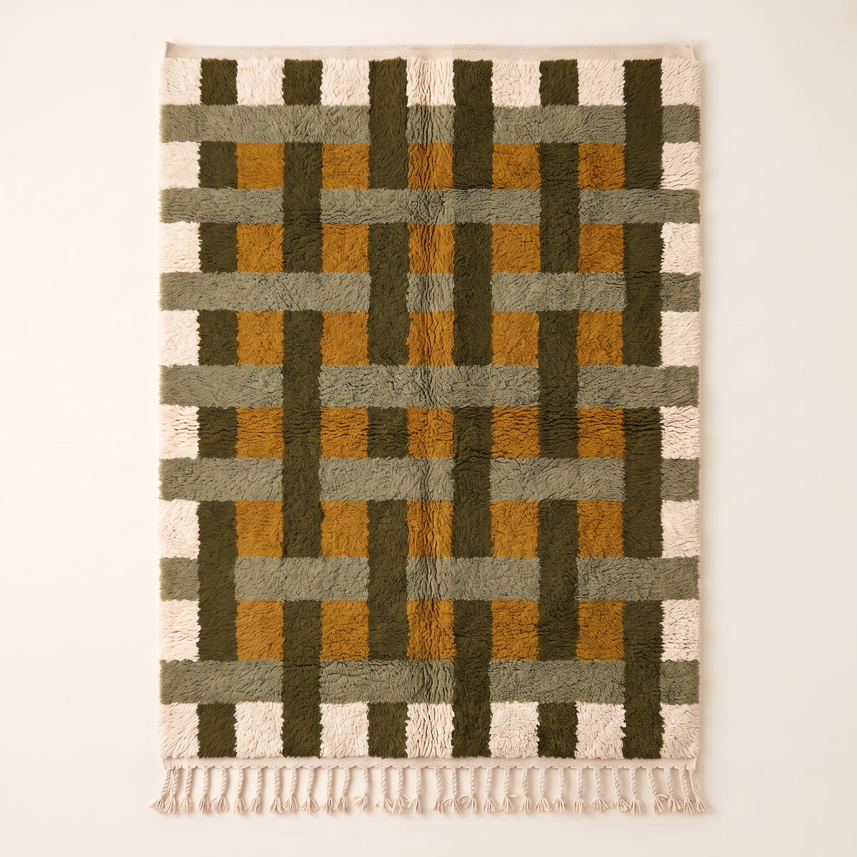 Olive, mustard and ivory Mrirt rug with grid weave lattice pattern, full flat view