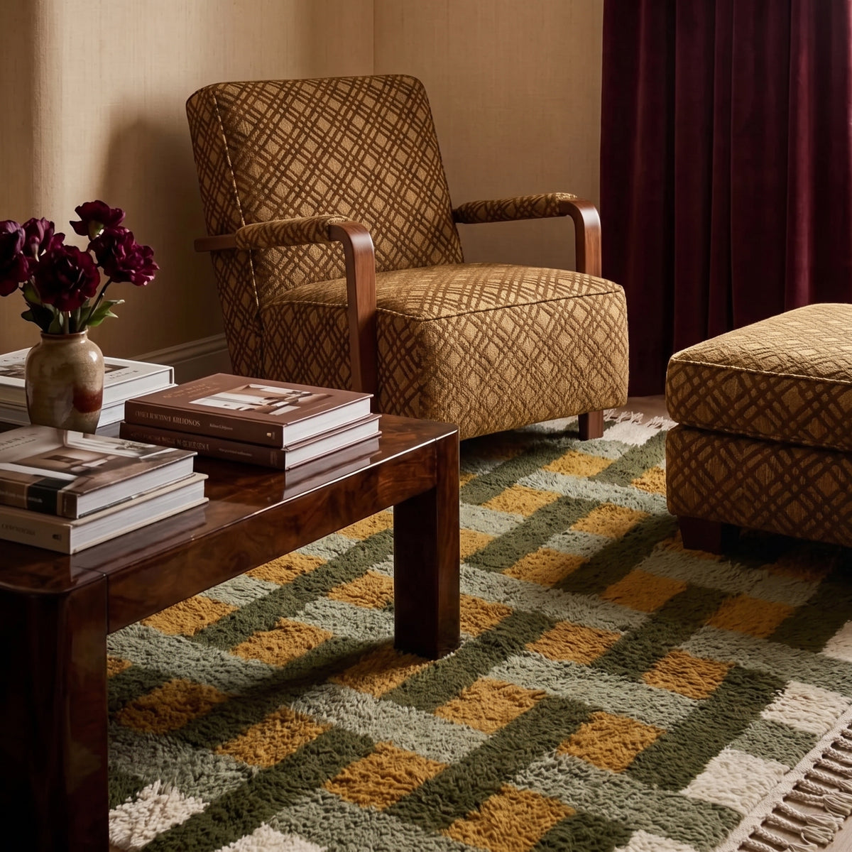 Olive and mustard Mrirt grid rug in living room setting with wooden furniture and flowers