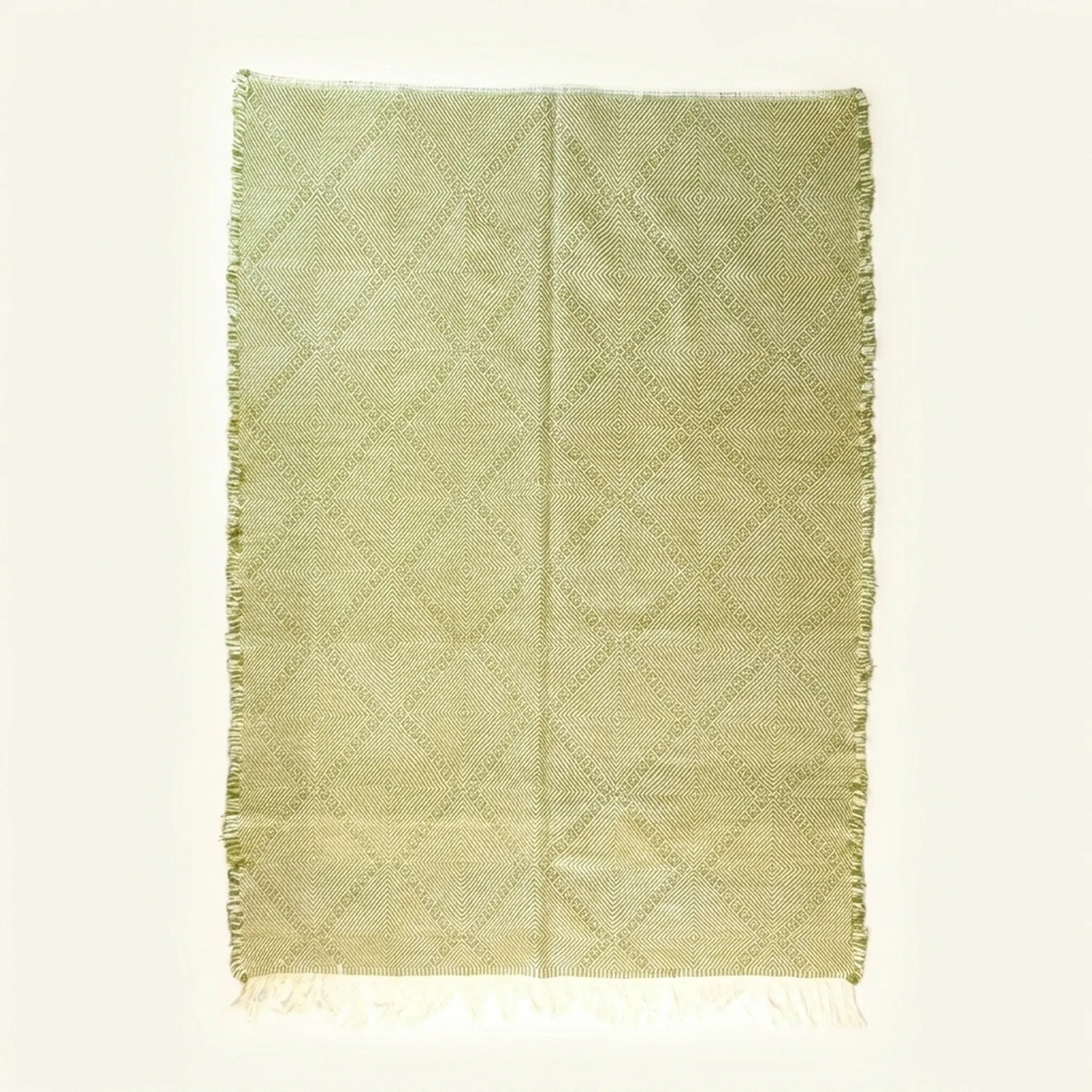 Olive and ivory Zanafi kilim rug Amuddu with tonal grid, full rug view