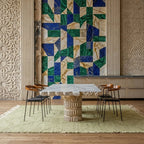 Olive and ivory Zanafi kilim rug Amuddu with tonal grid, styled living room view