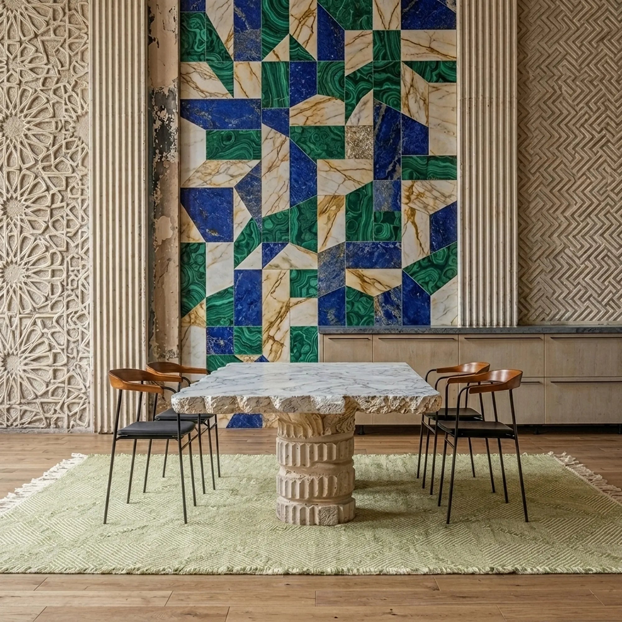 Olive and ivory Zanafi kilim rug Amuddu with tonal grid, styled living room view