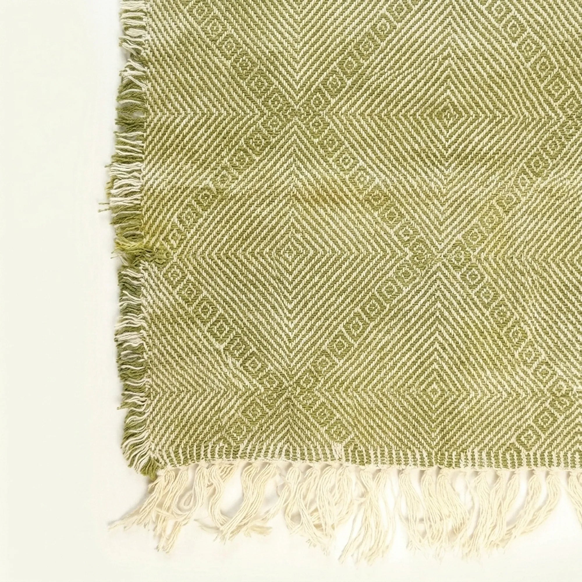 Olive and ivory Zanafi kilim rug Amuddu with tonal grid, edge and fringe detail