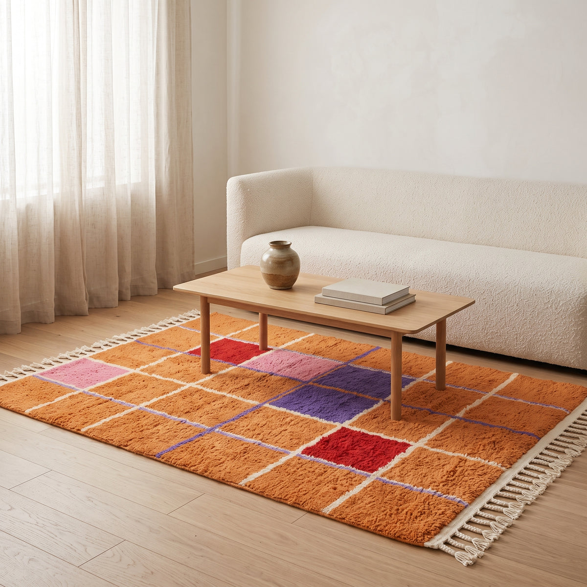 Orange, pink, red and purple geometric grid Mrirt rug laid in front of a cream upholstered sofa with wooden coffee table in a bright, minimalist living room