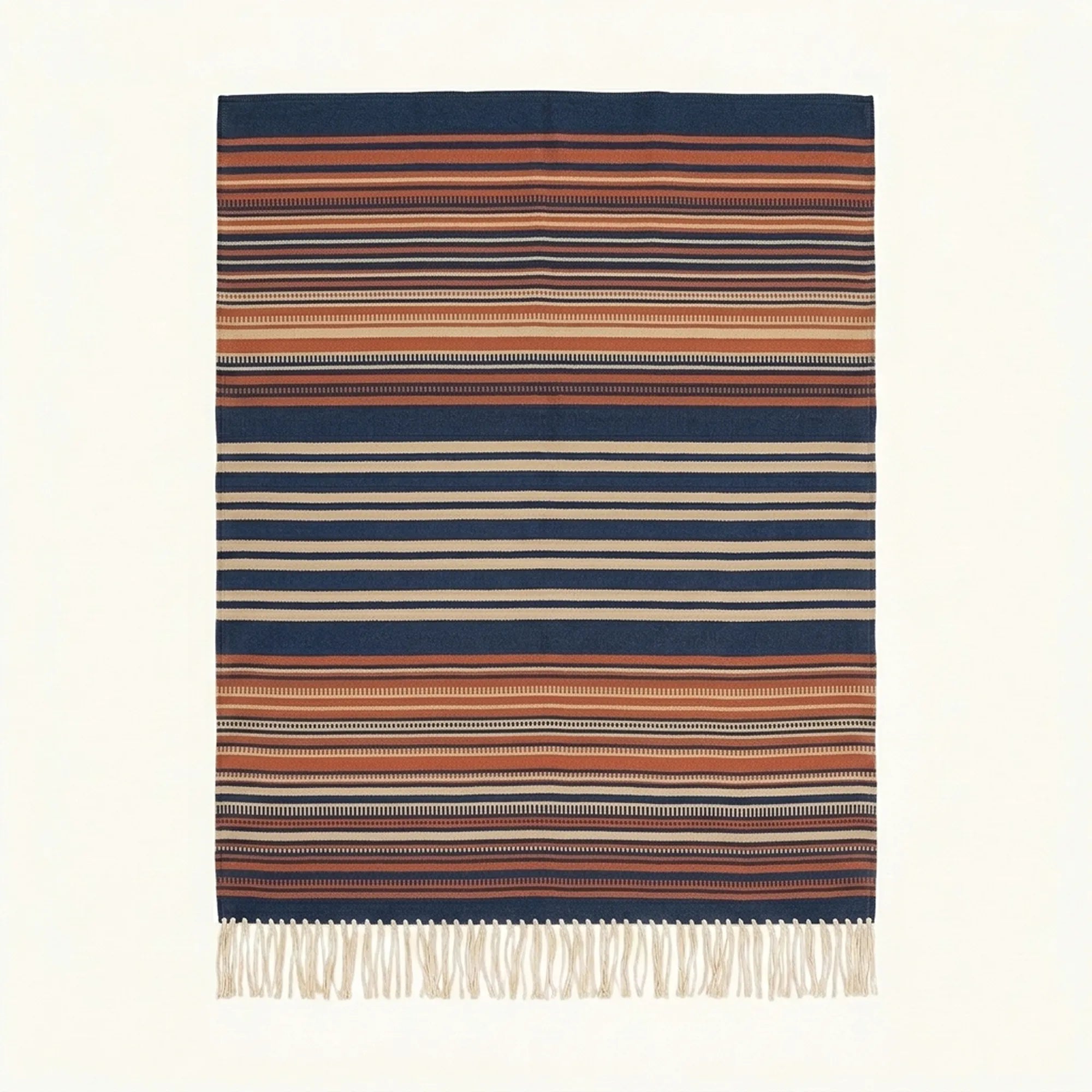 Navy Zanafi Kilim rug Ounila with layered rust and ivory stripes, full rug view