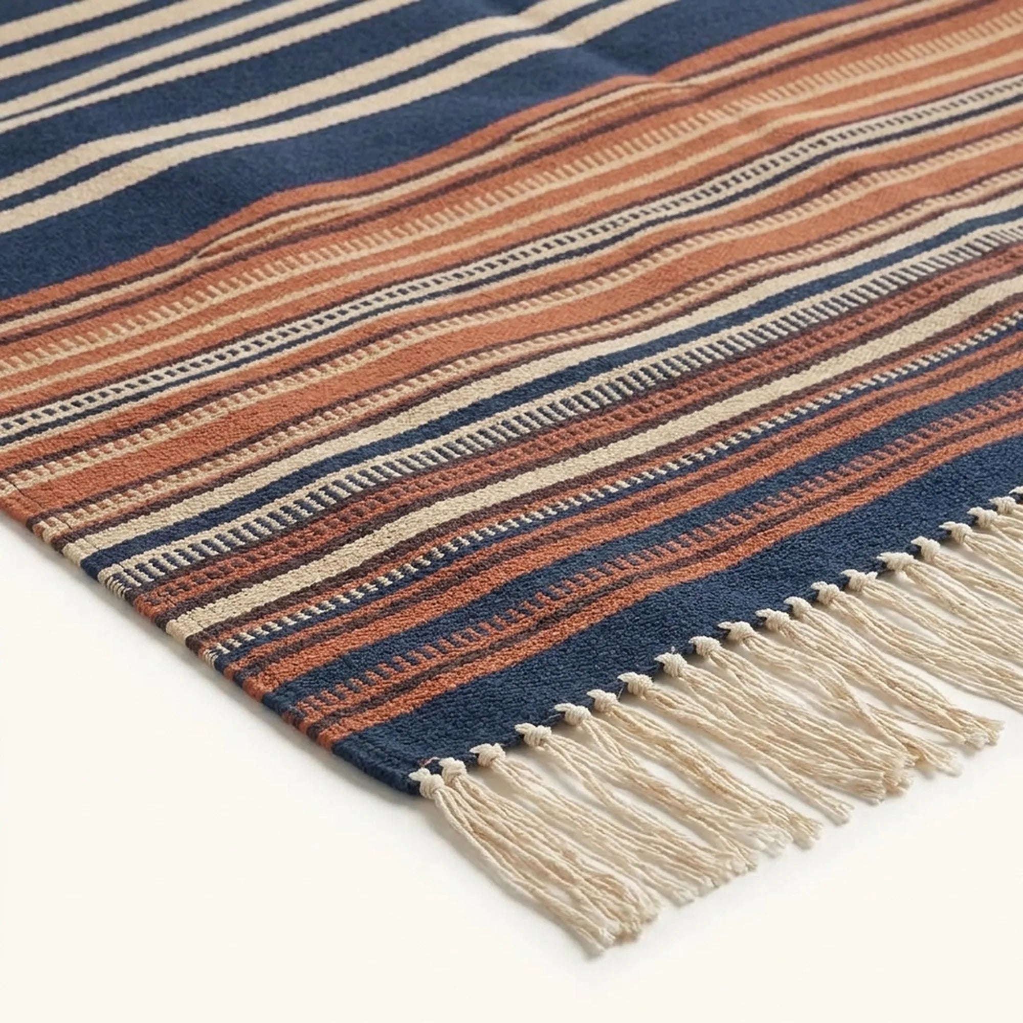 Navy Zanafi Kilim rug Ounila, fringe and border detail