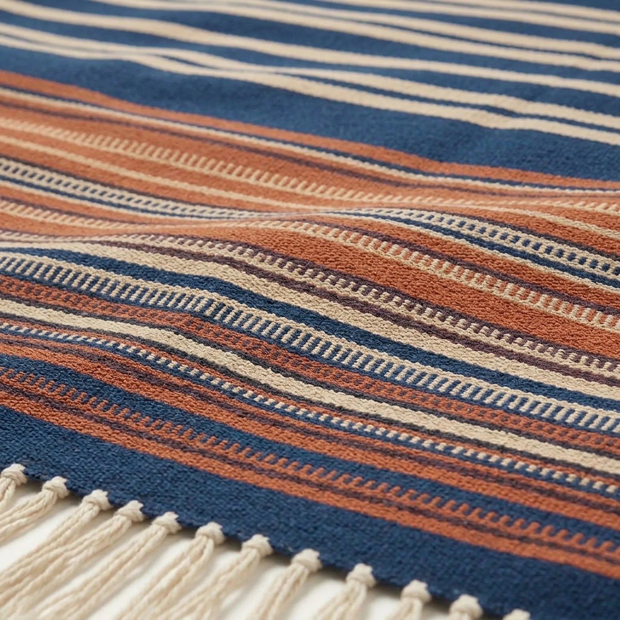 Navy Zanafi Kilim rug Ounila, natural wool flat-weave detail