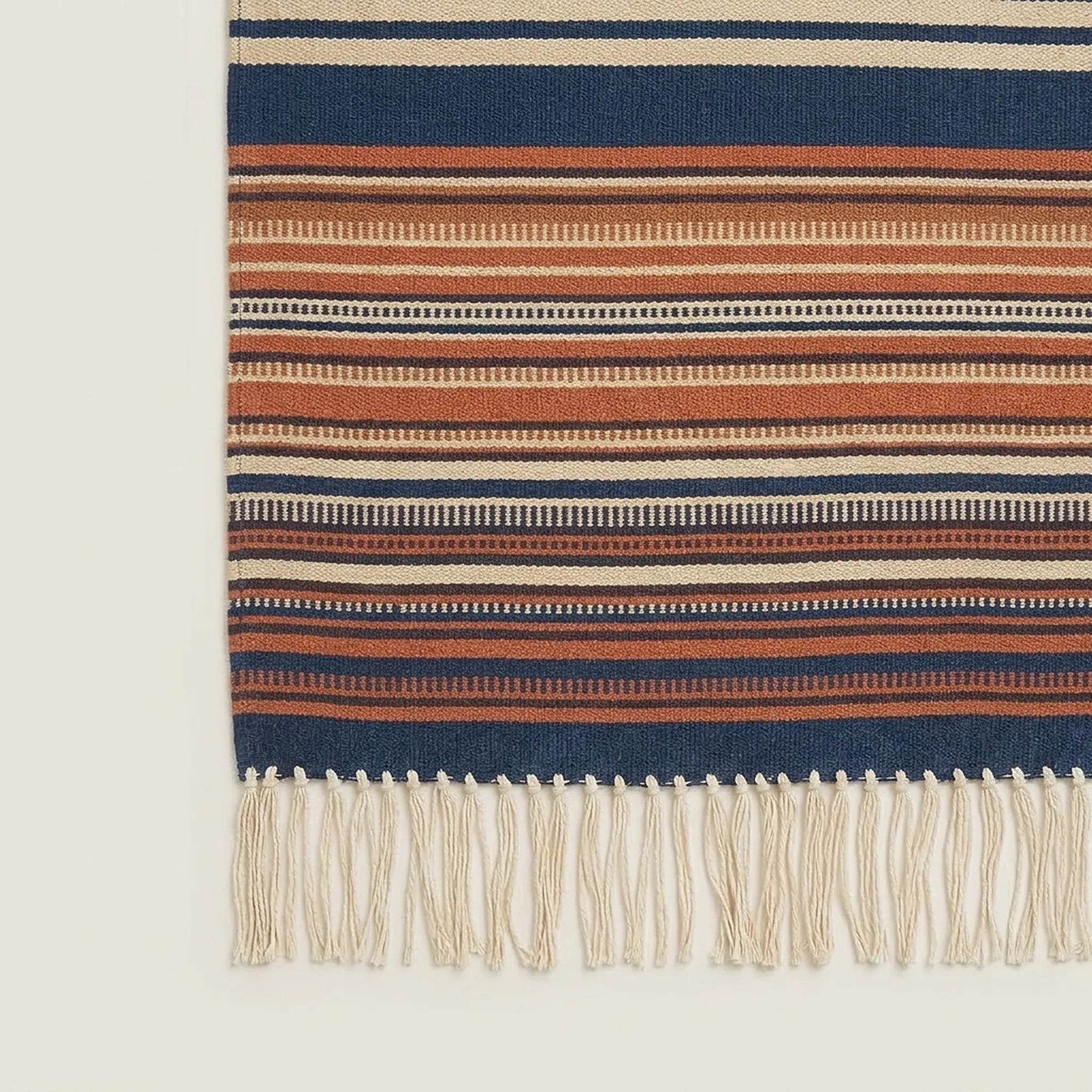Navy Zanafi Kilim rug Ounila, handwoven fringe detail