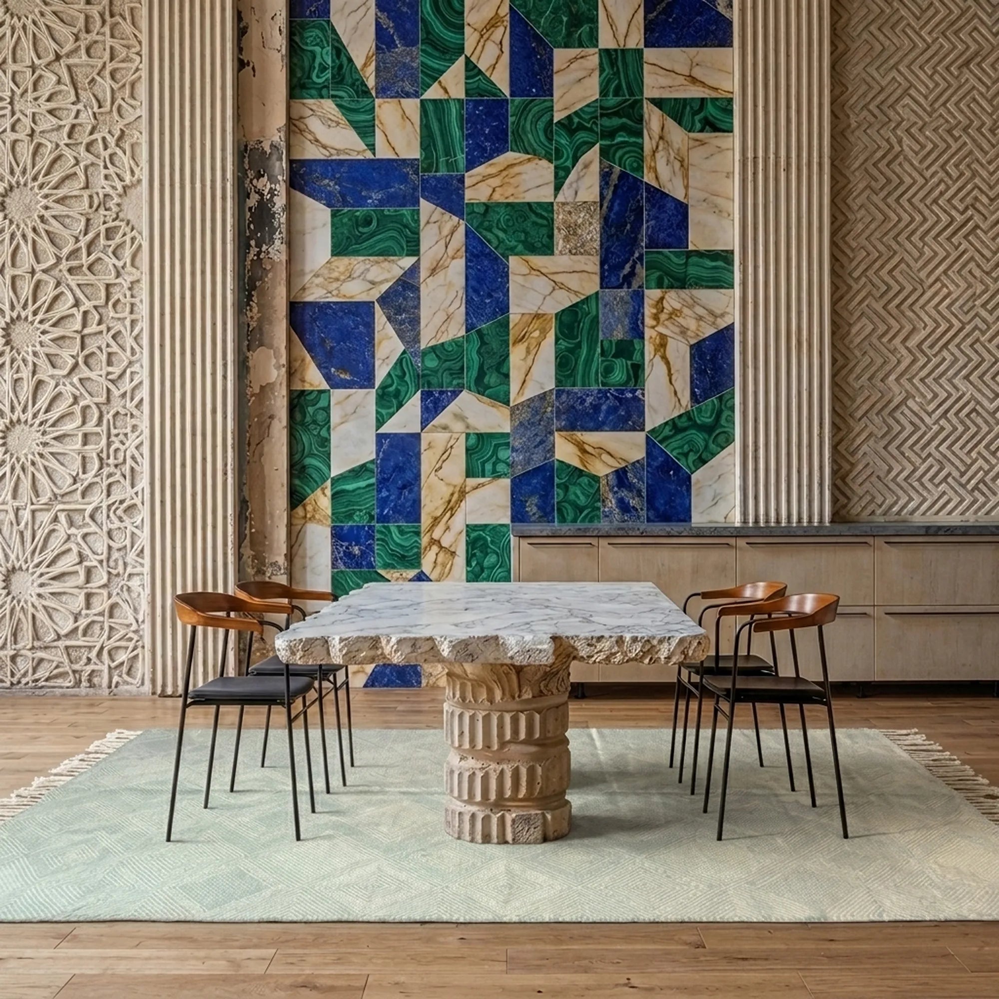 Pale blue and ivory Zanafi kilim rug Azegzan with subtle diamonds, styled living room view