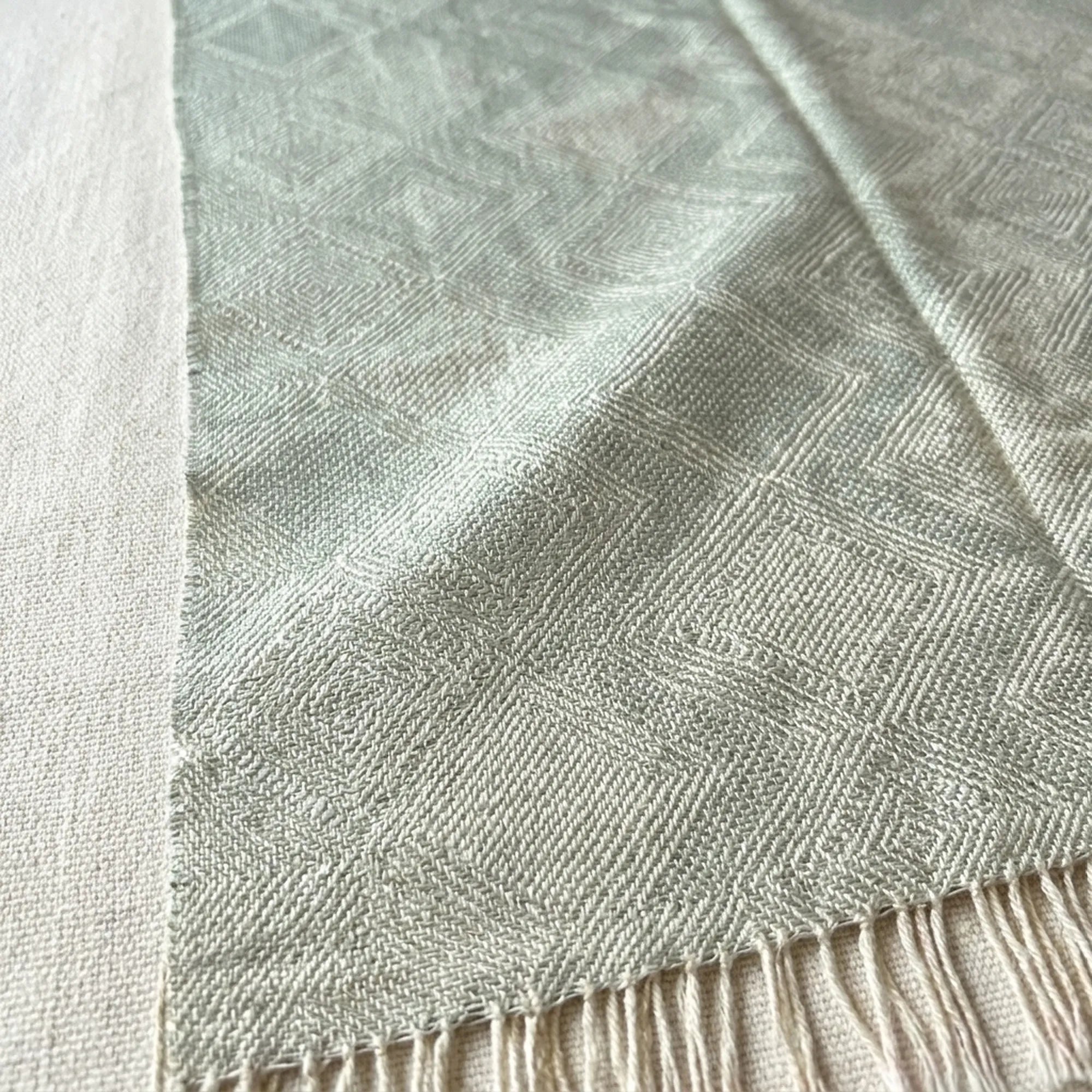 Pale blue and ivory Zanafi kilim rug Azegzan with subtle diamonds, flat-weave texture detail
