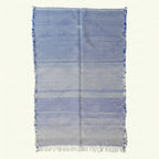 Periwinkle Blue Zanafi kilim rug Tamgroute with woven bands, full rug view