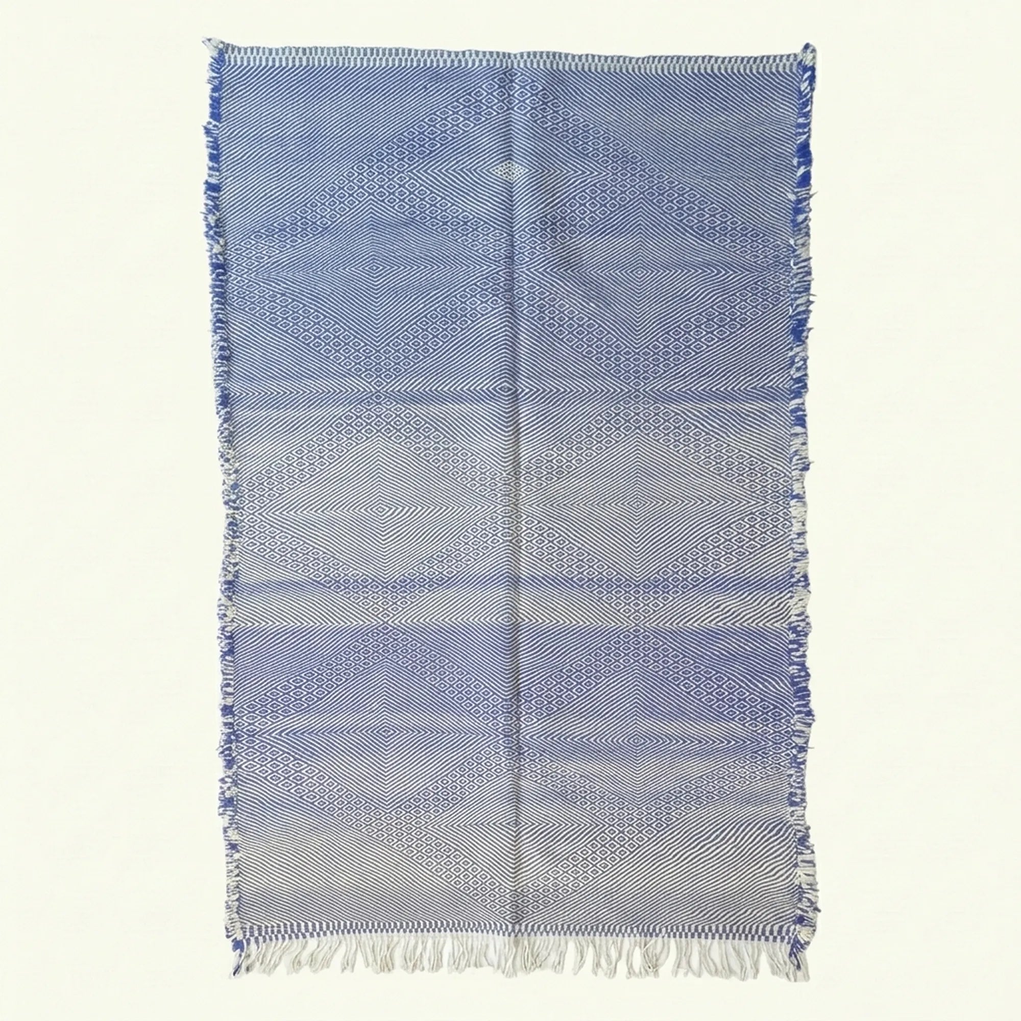 Periwinkle Blue Zanafi kilim rug Tamgroute with woven bands, full rug view