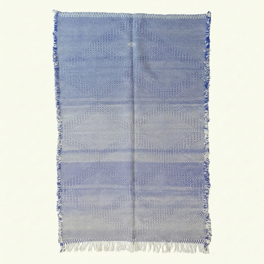 Periwinkle Blue Zanafi kilim rug Tamgroute with woven bands, full rug view