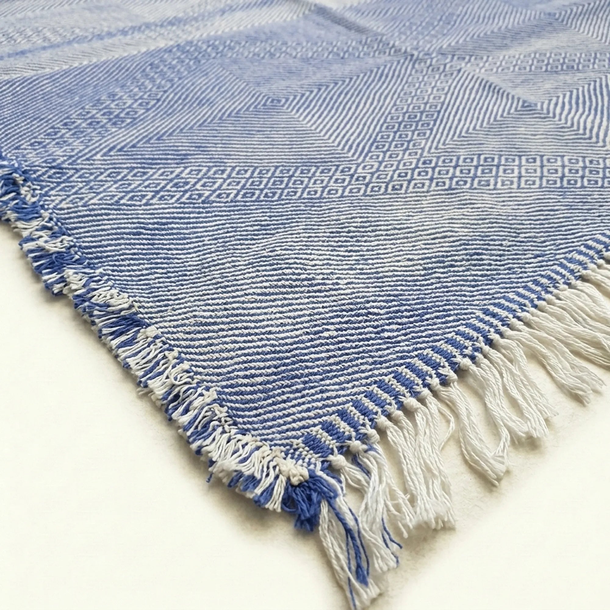 Periwinkle Blue Zanafi kilim rug Tamgroute with woven bands, pattern detail