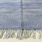 Periwinkle Blue Zanafi kilim rug Tamgroute with woven bands, fringe detail