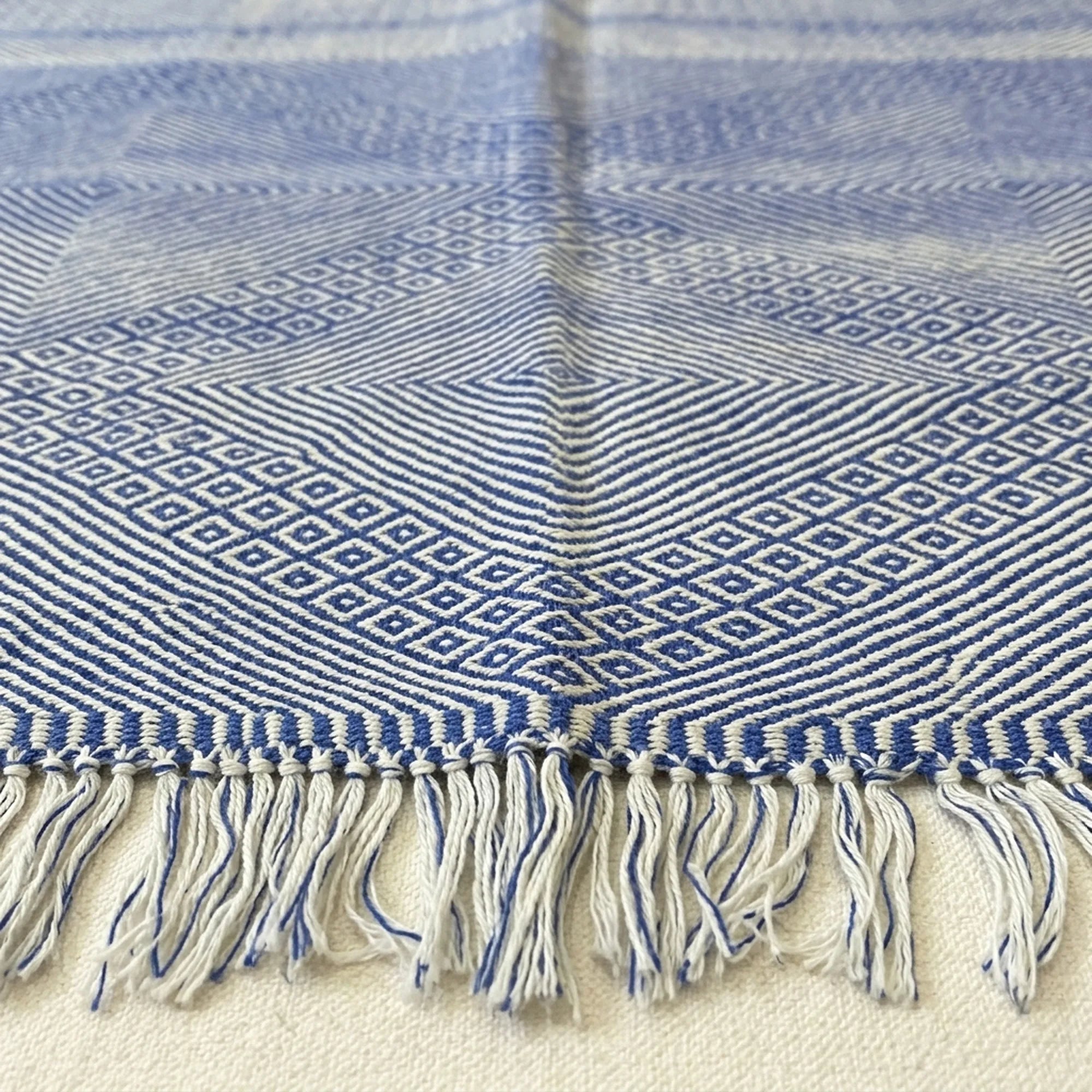 Periwinkle Blue Zanafi kilim rug Tamgroute with woven bands, fringe detail