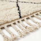 Close-up of a cream-colored woven rug with black stitched lines and knotted fringe tassels along one edge.
