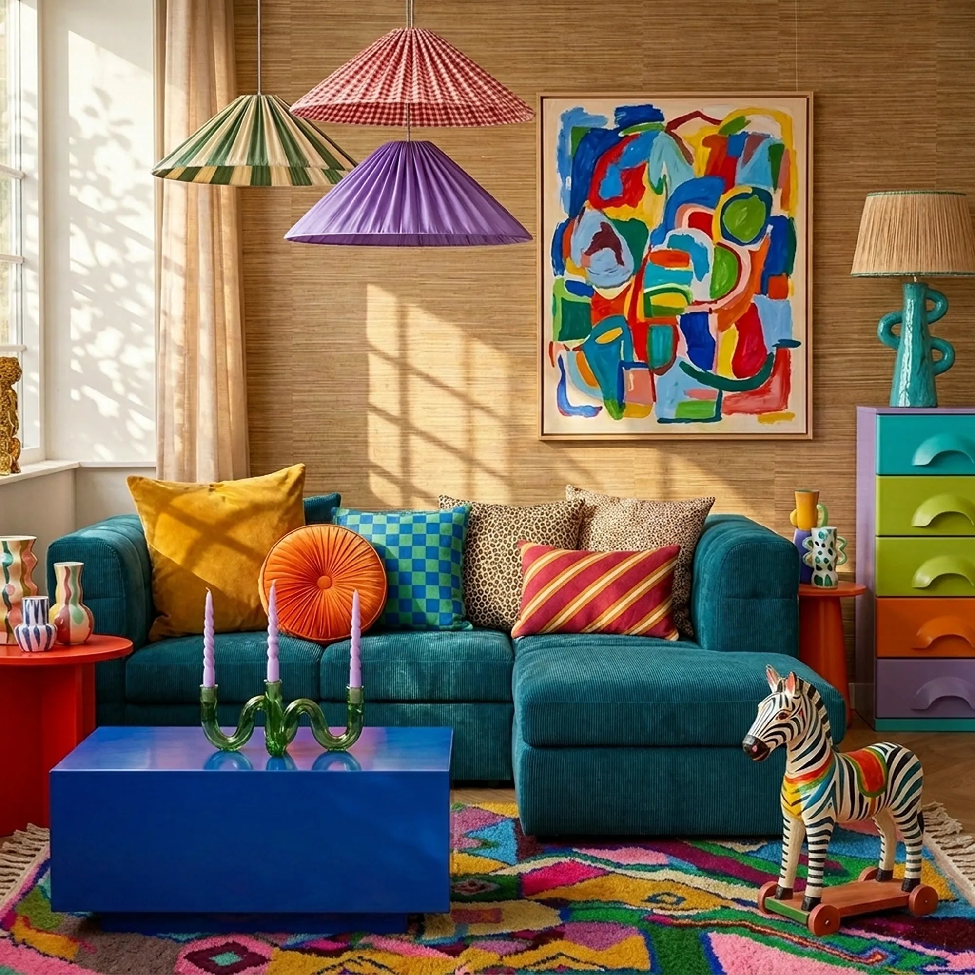 Iderfan Boujaad rug styled in an interior with its pink, mustard and teal abstract patchwork design visible