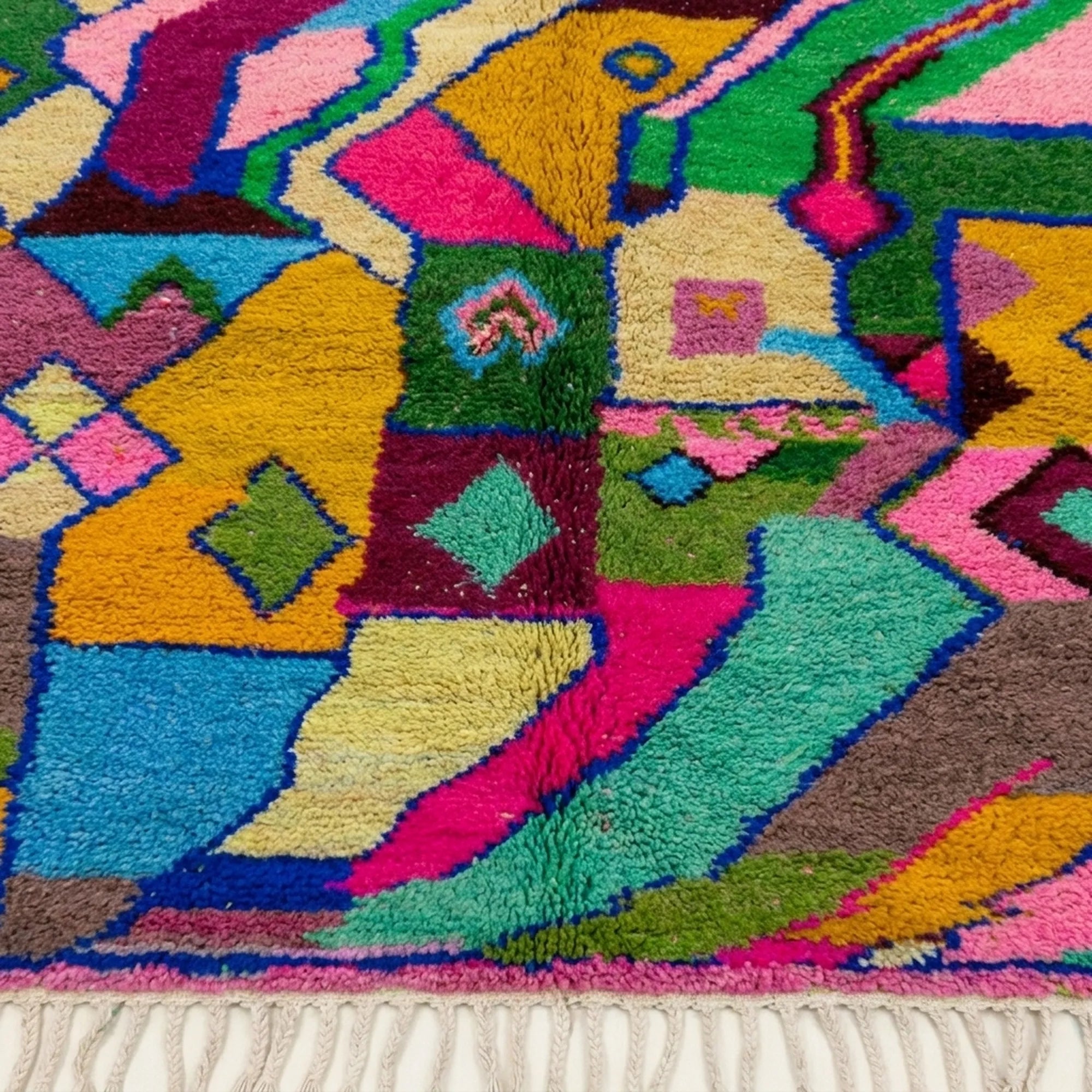 Fringe and edge detail of the Iderfan Boujaad rug beside jagged mustard, teal, pink and green forms
