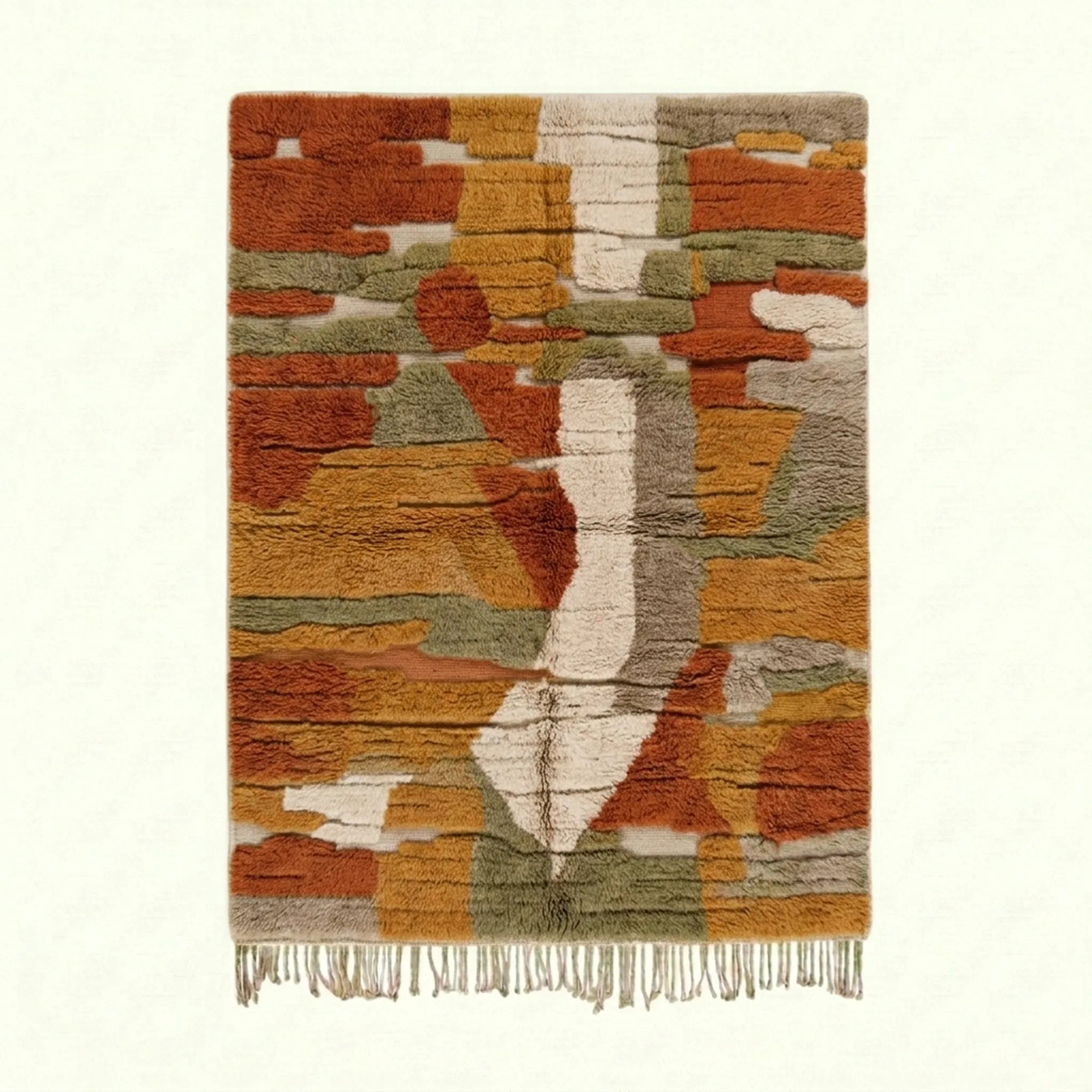 Rust & Sage Mrirt rug Amezlan with abstract patchwork, full rug view