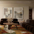 Rust & Sage Mrirt rug Amezlan with abstract patchwork, styled in a living room