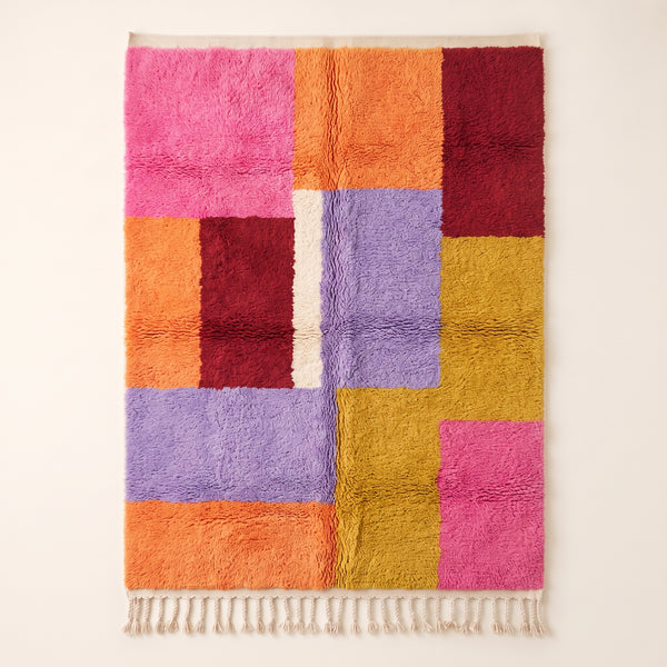 Tapis Boujaad Rose, Orange, Violet et Doré – Quadrillage color block – Zayna