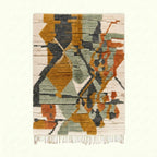 Mustard & Sage Mrirt rug Azirem with abstract collage, full rug view