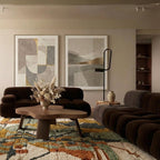 Mustard & Sage Mrirt rug Azirem with abstract collage, styled in a living room