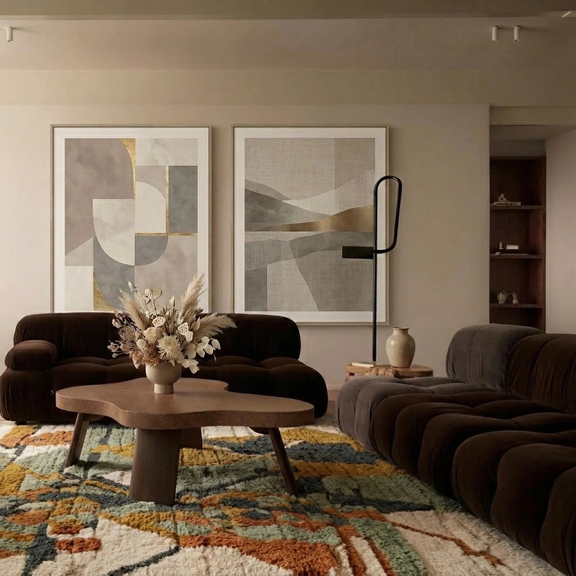 Mustard & Sage Mrirt rug Azirem with abstract collage, styled in a living room