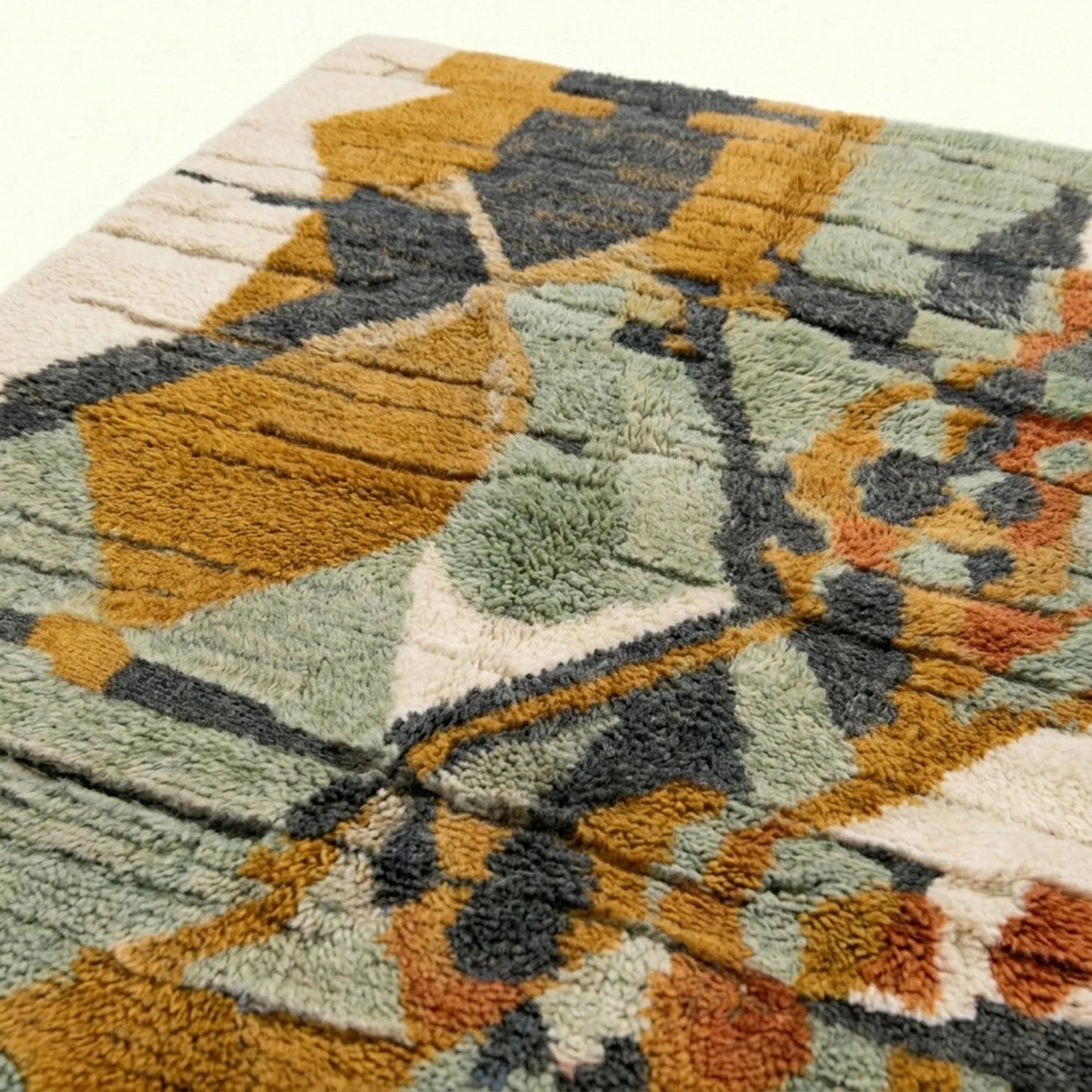 Mustard & Sage Mrirt rug Azirem, abstract collage fringe detail