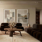 Ivory & Taupe Mrirt rug Imzran with abstract stone forms, styled in a living room