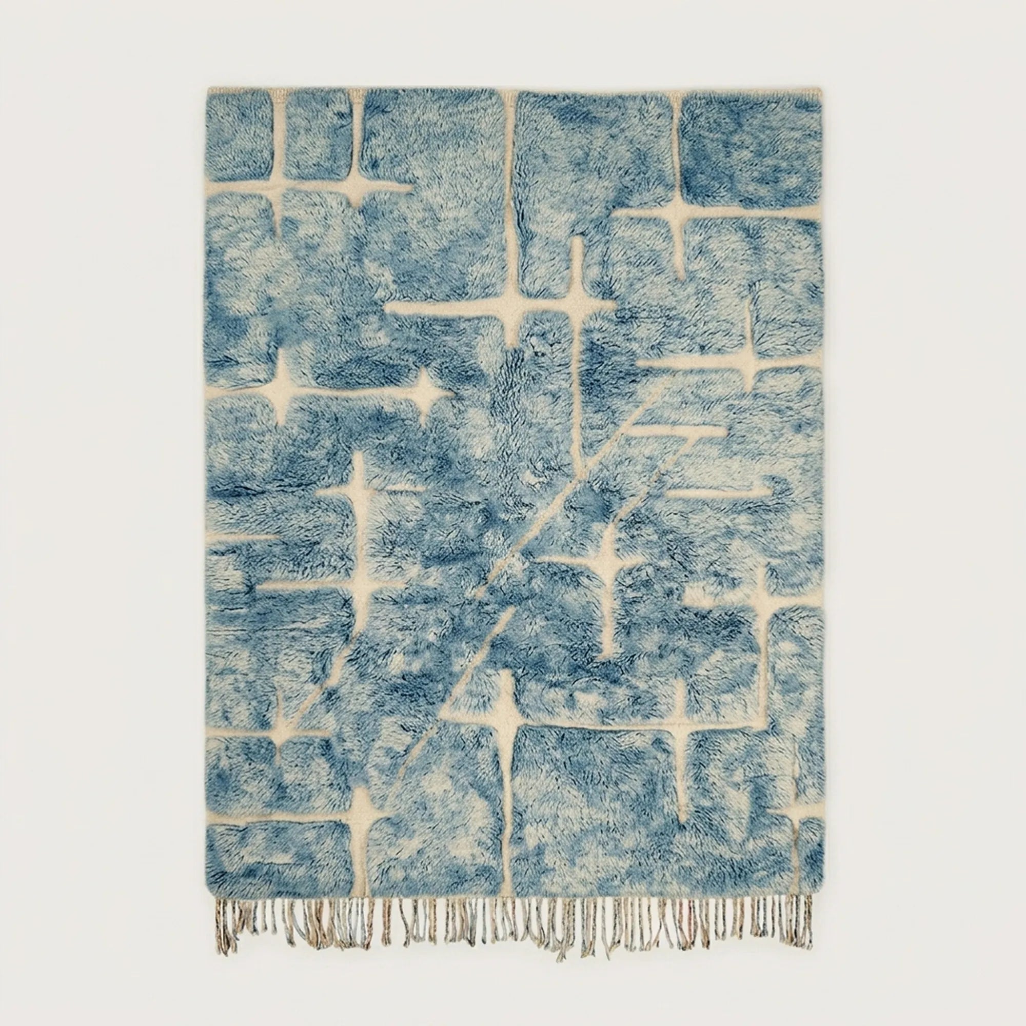 Powder blue and ivory Mrirt rug Tisslit with abstract grid pattern, full rug view