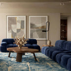 Powder blue and ivory Mrirt rug Tisslit styled in a living room