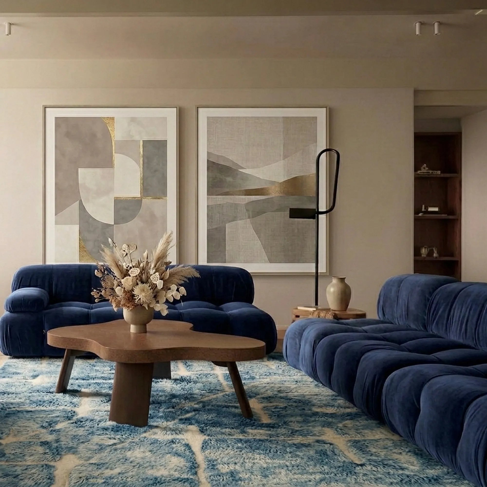 Powder blue and ivory Mrirt rug Tisslit styled in a living room