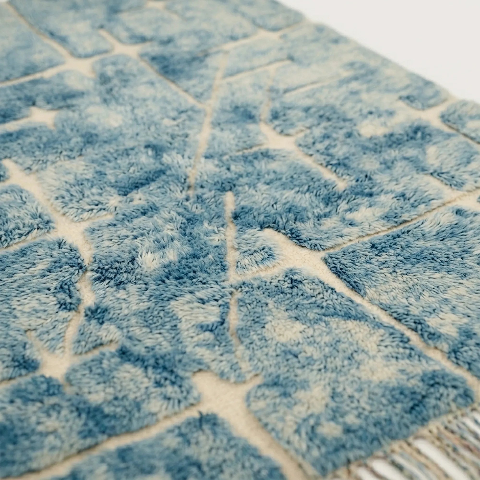 Powder blue and ivory Mrirt rug Tisslit abstract grid wool detail